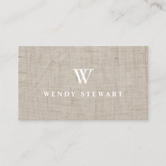 Monogram Cream Linen Texture Simple Modern Visitekaartje (Voorkant)