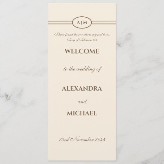 Monogram Cream Taupe Christian Wedding Program Programmakaart (Voorkant)