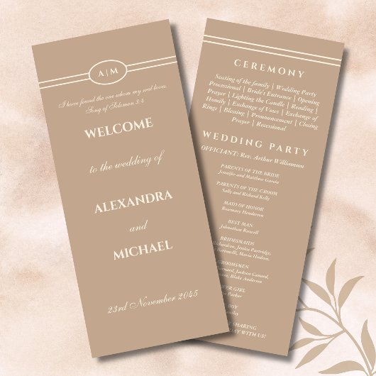 Monogram Cream Taupe Christian Wedding Program Programmakaart