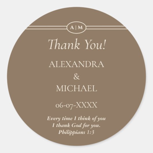 Monogram Cream Taupe Christian Wedding Thank You Ronde Sticker (Voorkant)