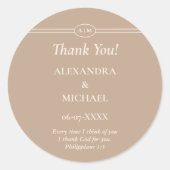 Monogram Cream Taupe Christian Wedding Thank You Ronde Sticker (Voorkant)