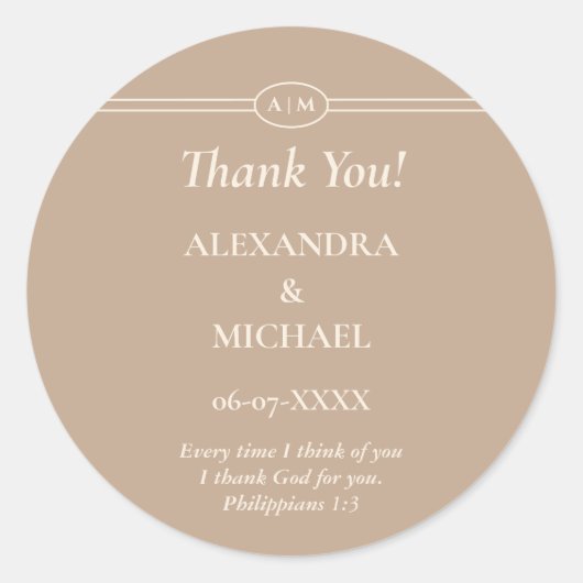 Monogram Cream Taupe Christian Wedding Thank You Ronde Sticker (Voorkant)