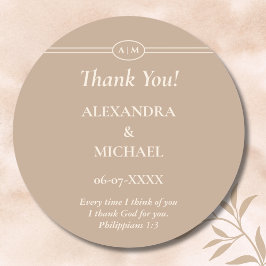 Monogram Cream Taupe Christian Wedding Thank You Ronde Sticker
