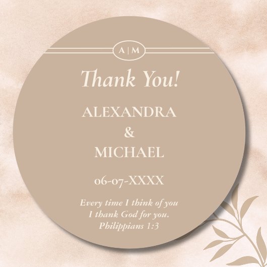 Monogram Cream Taupe Christian Wedding Thank You Ronde Sticker