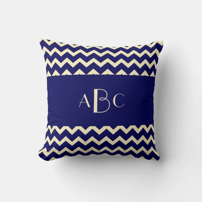 Monogram, crème en marineblauw Chevron Kussen (Voorkant)