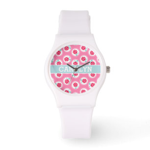 Monogram crème girale roze frambozenpatronen horloge