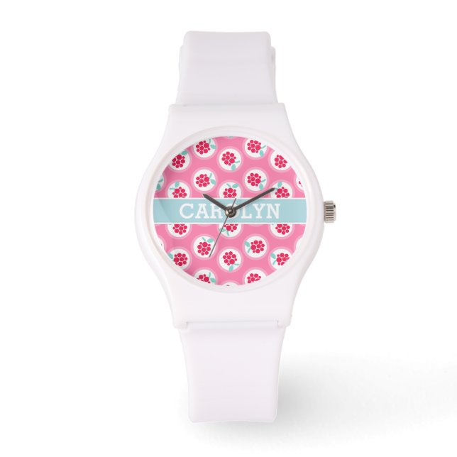 Monogram crème girale roze frambozenpatronen horloge (Voorkant)