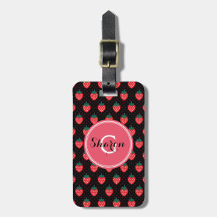 Monogram crème girale zwarte roze aardbeienpatrone bagagelabel