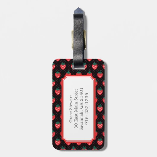 Monogram crème girale zwarte roze aardbeienpatrone bagagelabel (Achterkant verticaal)