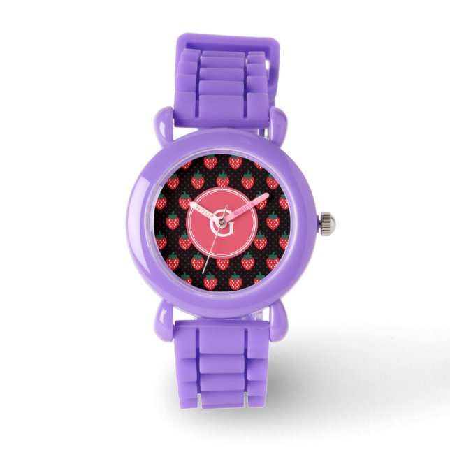 Monogram crème girale zwarte roze aardbeienpatrone horloge (Voorkant)