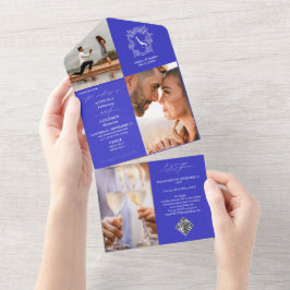 Monogram Crest 3 Foto QR Code Royal Blue Wedding All In One Uitnodiging