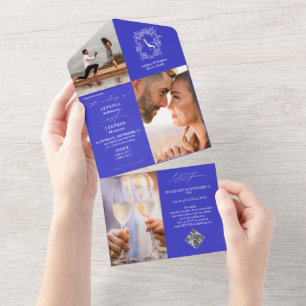 Monogram Crest 3 Foto QR Code Royal Blue Wedding All In One Uitnodiging