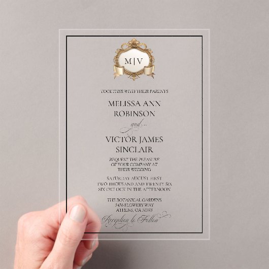 Monogram Crest Acrylic Wedding Invitation Acryl Uitnodigingen (Insitu (Draagbaar))