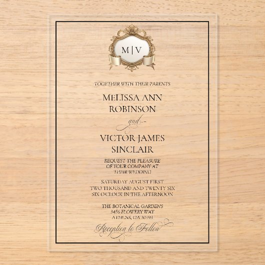 Monogram Crest Acrylic Wedding Invitation Acryl Uitnodigingen (Voorkant)
