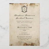 Monogram Crest Antiek gescrolde marineblauwe bruil Folie Uitnodiging (Achterkant)