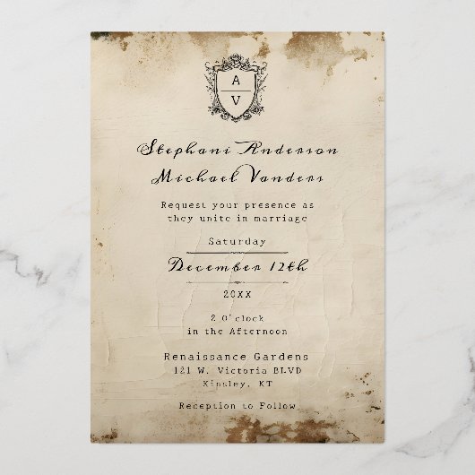 Monogram Crest Antiek gescrolde marineblauwe bruil Folie Uitnodiging (Achterkant)