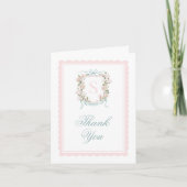 Monogram Crest Bedankkaart Roze Strik Scallop (Voorkant)