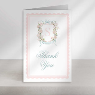 Monogram Crest Bedankkaart Roze Strik Scallop