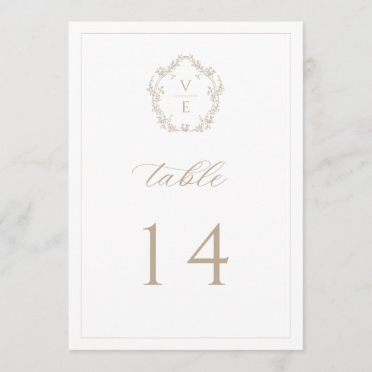  Monogram Crest Beige Weddenschappen Tafel Aantal Programmakaart (Voorkant)