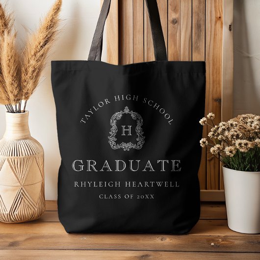 Monogram Crest Black and White Graduation Tote Bag