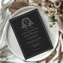 Monogram Crest Black and White Minimalist Wedding Kaart