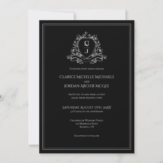 Monogram Crest Black and White Minimalist  Wedding Kaart (Voorkant)