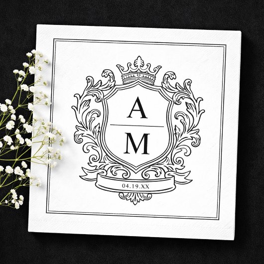 Monogram Crest Black and White Paper Wedding Servet