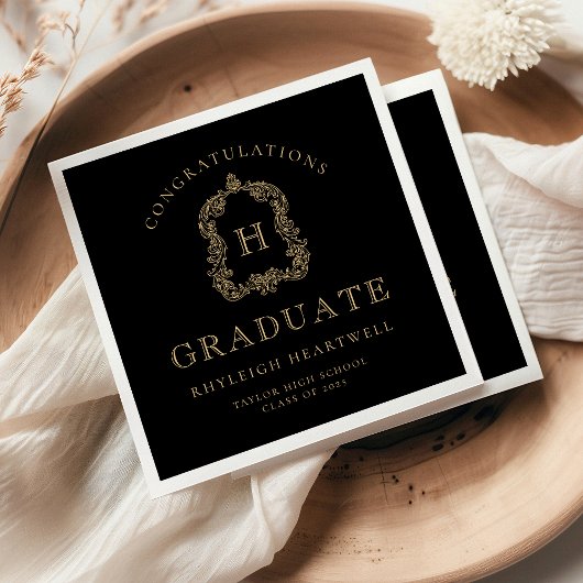 Monogram Crest Black Gold Graduation Party Servet