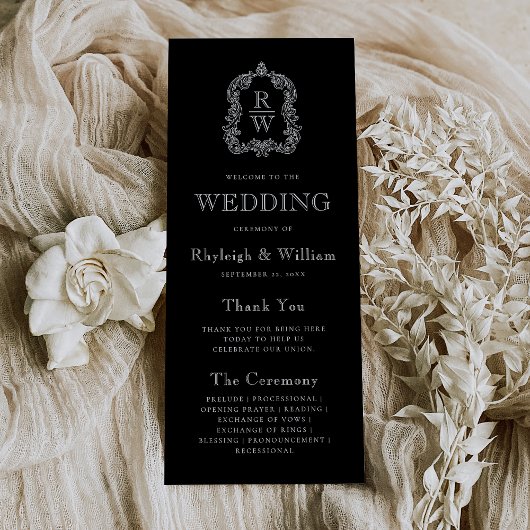 Monogram Crest Black Wedding Programmakaart