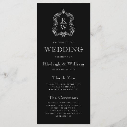 Monogram Crest Black Wedding Programmakaart (Voorkant)