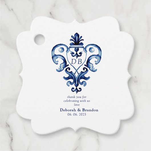 Monogram Crest Blue en White Delft Wedding Bedankjes Labels (Voorkant)