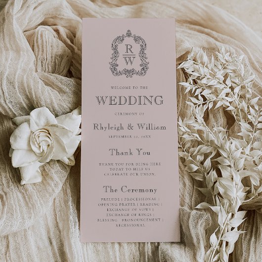 Monogram Crest Blush Pink Wedding Programmakaart