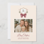 Monogram Crest Bow Foto Kerst Kaart (Voorkant)