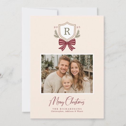 Monogram Crest Bow Foto Kerst Kaart (Voorkant)