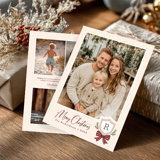 Monogram Crest Bow Foto Kerst Kaart