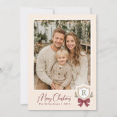 Monogram Crest Bow Foto Kerst Kaart (Voorkant)