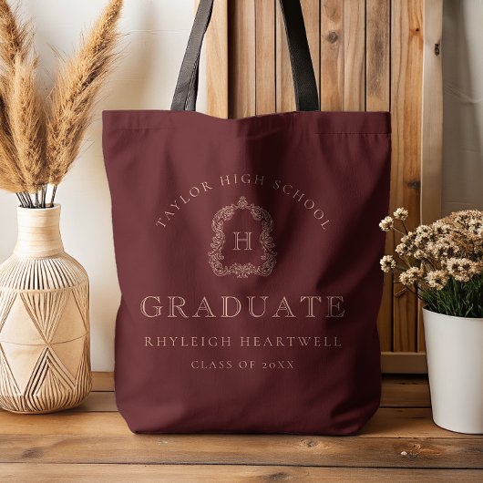 Monogram Crest Burgundy Red Rose Graduation Tote Bag