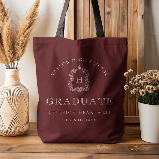 Monogram Crest Burgundy Red White Graduation Tote Bag