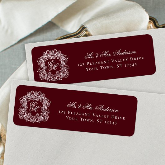 Monogram Crest Burgundy Wedding Return Address Etiket