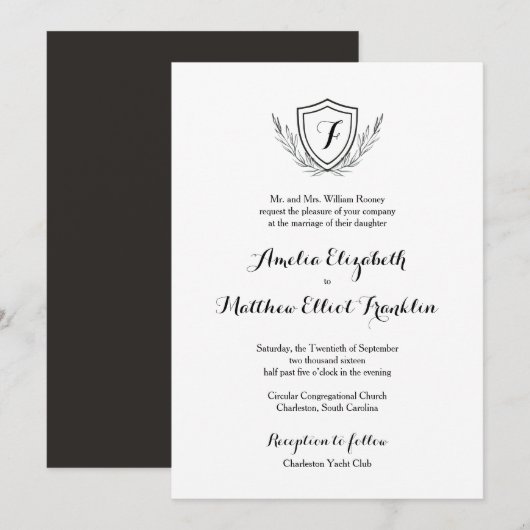 Monogram Crest Classic Elegant Wedding Invitation Kaart (Voorkant / Achterkant)
