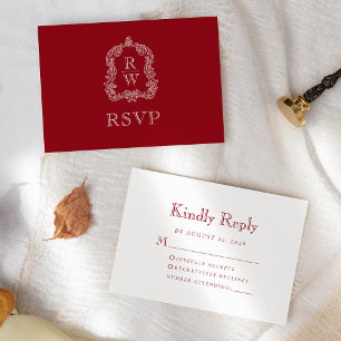 Monogram Crest Cranberryrode Trouw RSVP Kaartje