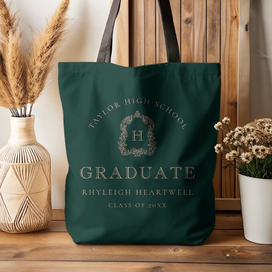 Monogram Crest Dark Green Rose Graduation Tote Bag