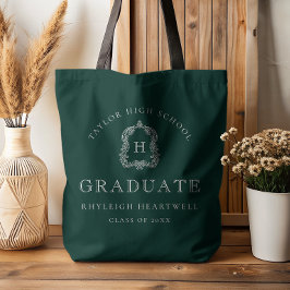 Monogram Crest Dark Green White Graduation Tote Bag