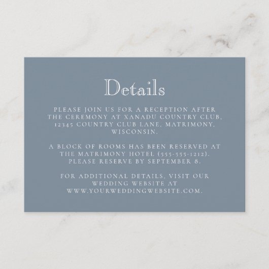 Monogram Crest Dusty Blue Wedding Details Informatiekaartje (Voorkant)
