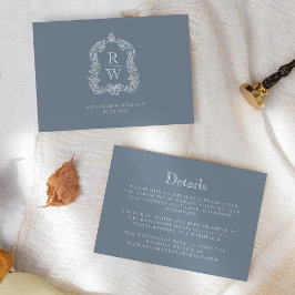 Monogram Crest Dusty Blue Wedding Details Informatiekaartje