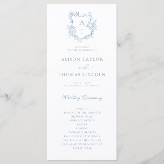 Monogram Crest Dusty Blue Wedding Program Kaart (Voorkant)