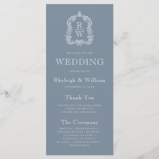 Monogram Crest Dusty Blue Wedding Programmakaart (Voorkant)