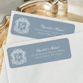 Monogram Crest Dusty Blue Wedding Return Address Etiket