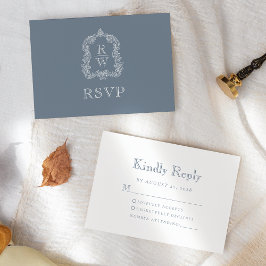 Monogram Crest Dusty Blue Wedding RSVP Kaartje