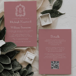 Monogram Crest Dusty Roos QR Code Wedding Kaart